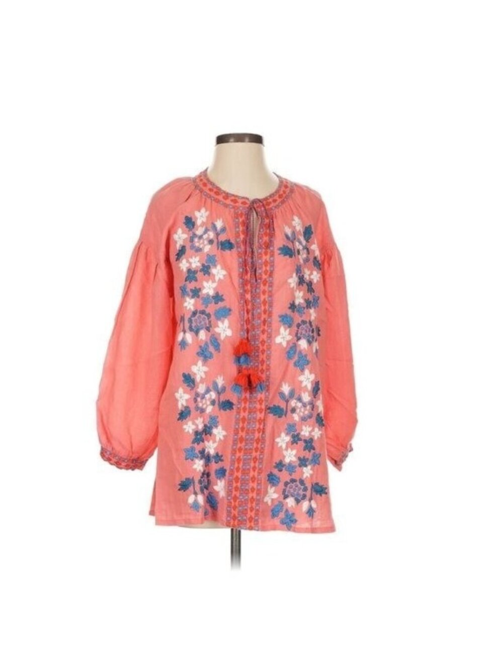 Ro's Garden Pink Embroidered Floral Boho Neck Tie Shirt Size S 3/4 sleeve blouse